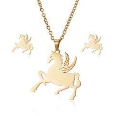 New Fashion Stainless Steel Gold Lovely Animal Cat Earrings Necklace Jewelry Set Horse