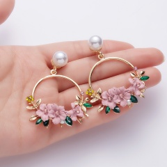 Fashion Pearl Crystal Dangle Earrings Sweet  Cute Earrings for Women Gifts Pink