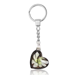 Wholesale Lampwork Glass Peach heart inner flower golden sand glass keychain White