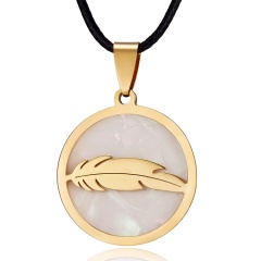 Fashion Gold Stainless Steel Shell Leather Pendant Necklace Women Jewelry Gift Feather