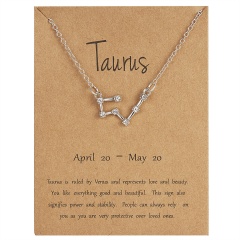 12 Constellations Silver Crystal Zodiac Sign Pendant Necklace Women Card Jewelry Taurus