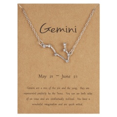 12 Constellations Silver Crystal Zodiac Sign Pendant Necklace Women Card Jewelry Gemini