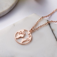 Women Stainless Steel Round Hollow Map Cactus Hollow Pendant Necklace Jewelry Gold Map