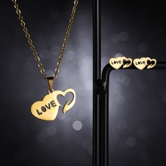 Fashion Jewelry Set Stainless Steel Womens Gold Pendant Necklace Earrings Gifts Heart