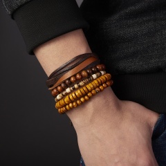 Bohemia Wooden Beads Woven Leather Adjustable Bracelet Sets 5PCS/Set