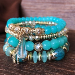 4PCS/Set Crystal Gemstone Beads Bohemian Elastic Bracelets Set Blue