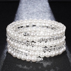 New Fashion Multi-layer Imitation Pearl Shiny Rhinestone Elastic Bracelet For Men Women Wide Bracelet & Bangle Jewelry bracelet