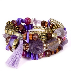 Crystal Bead Bracelets for Women Vintage Boho Multilayer Tassel Natural Stone Charm Wristband Strand Bracelet Gift pulseira Purple