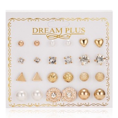 12 Pairs Fashion Zircon Crystal Pearl Earrings Set Women Geometric Ear Stud Jewelry Party Heart