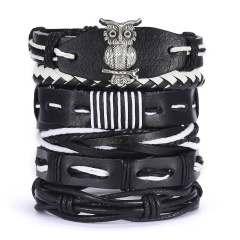 Men Bracelets Vintage Multilayer Leather Braid Bracelets Bangles Star Leaf Owl Handmade Rope Wrap Bracelets Male Gift Jewlery SET 2