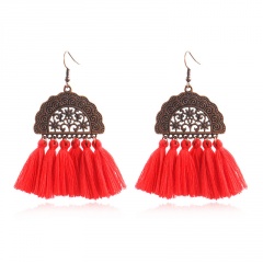 Bohemian Retro Geometric Fan-Shaped Tassel Earrings For Women Red