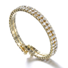 Rihoo Hot 2 Rows Rhinestone Wedding Bridal open Bracelet Bangle gold silver Wristband Women Jewelry gift fashion gold