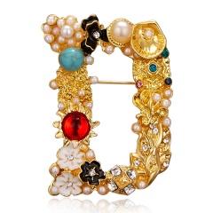 Rinhoo 4 Letters Design Luxury Pearl Brooches Women Lady Exquisite Statement Jewelry Gift Hot Sale Colorful Flower Pins Brooch D