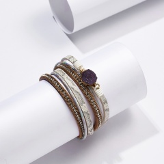 Rinhoo vintage leather Magnetic buckle bracelet Multi-layer Leather Wrap Bracelet charm jewelry gift for women purple Natural stone