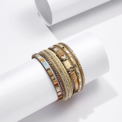 Rinhoo leather bracelet fashion Multiple Layer Leather Bracelet High quality For women girls jewelry gift Khaki