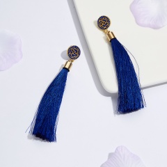 Fashion Diamond-Encrusted Ethnic Style Exaggerated Long Tassel Earrings Blue