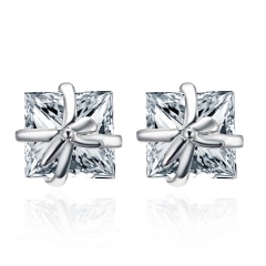 Cute Bowknot Square Stud Earrings Crystal Dangle Earrings Bowknot-White