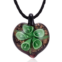 Handmade Lampwork Murano Glass Heart Flower Pendant Necklace Green