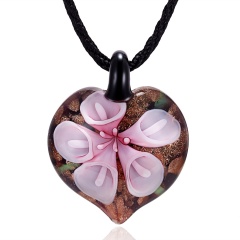 Handmade Lampwork Murano Glass Heart Flower Pendant Necklace Pink