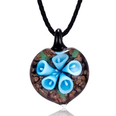 Handmade Lampwork Murano Glass Heart Flower Pendant Necklace Blue