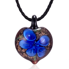 Handmade Lampwork Murano Glass Heart Flower Pendant Necklace Dark Blue