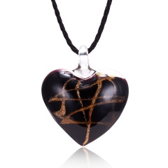 Handmade Lampwork Murano Glass Heart StripePendant Necklace Black