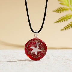 Handmade Lampwork Murano Glass Round Starfish Pendant Necklace Red