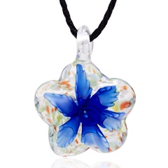 Handmade Lampwork Murano Glass Flower Pendant Necklace Women Jewelry Dark Blue