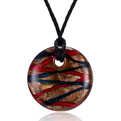 Handmade Lampwork Murano Glass Colorful Round Stripe Pendant Necklace Blue&Red