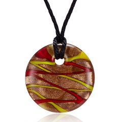 Handmade Lampwork Murano Glass Colorful Round Stripe Pendant Necklace Red&Yellow