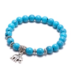 7mm Turquoise Gemstone Beads Elastic Bracelet Retro Silver