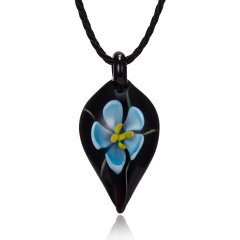 Gold Foil Drop Flower Leaf Lampwork Glass Murano Pendant Necklace Blue