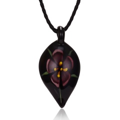 Gold Foil Drop Flower Leaf Lampwork Glass Murano Pendant Necklace Purple