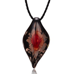 Gold Foil Drop Flower Lampwork Glass Murano Pendant Necklace Women Charm Jewelry Red