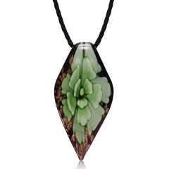 Gold Foil Drop Flower Lampwork Glass Murano Pendant Necklace Women Charm Jewelry Green