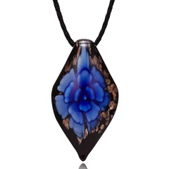Gold Foil Drop Flower Lampwork Glass Murano Pendant Necklace Women Charm Jewelry Dark Blue