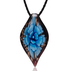 Gold Foil Drop Flower Lampwork Glass Murano Pendant Necklace Women Charm Jewelry Blue