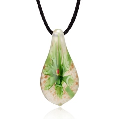 Gold Foil Drop Flower Lampwork Glass Murano Pendant Necklace Fashion Women Jewelry Green