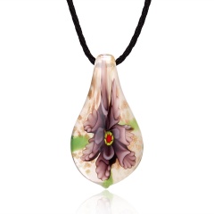 Gold Foil Drop Flower Lampwork Glass Murano Pendant Necklace Fashion Women Jewelry Purple