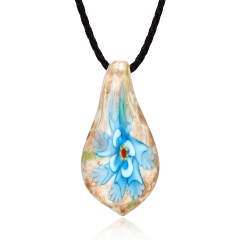 Gold Foil Drop Flower Lampwork Glass Murano Pendant Necklace Fashion Women Jewelry Blue