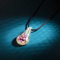 Gold Foil Drop Flower Lampwork Glass Murano Pendant Necklace Fashion Women Jewelry Pink