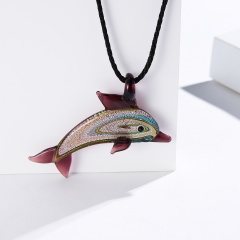 Fashion Cute Dolphin Animal Glass Necklace for Women Kids Purple Color