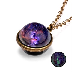 Galaxy Universe Glass Ball Pendant Glow in the Dark Necklace Purple