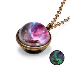 Galaxy Universe Glass Ball Pendant Glow in the Dark Necklace Pink