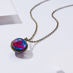 Galaxy Universe Glass Ball Pendant Glow in the Dark Necklace Red & Blue