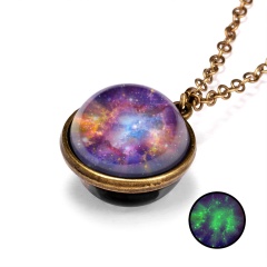 Galaxy Universe Glass Ball Pendant Glow in the Dark Necklace Purple Orange