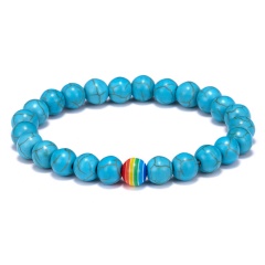 8mm Gemstone Beads With Rainbow Bead Elastic Bracelet Turquoise