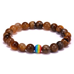 8mm Gemstone Beads With Rainbow Bead Elastic Bracelet Tigereye