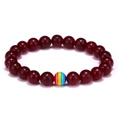 8mm Gemstone Beads With Rainbow Bead Elastic Bracelet Red Agate