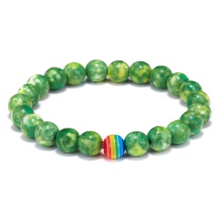 8mm Green Imperial Gemstone Beads With Rainbow Bead Elastic Bracelet Green